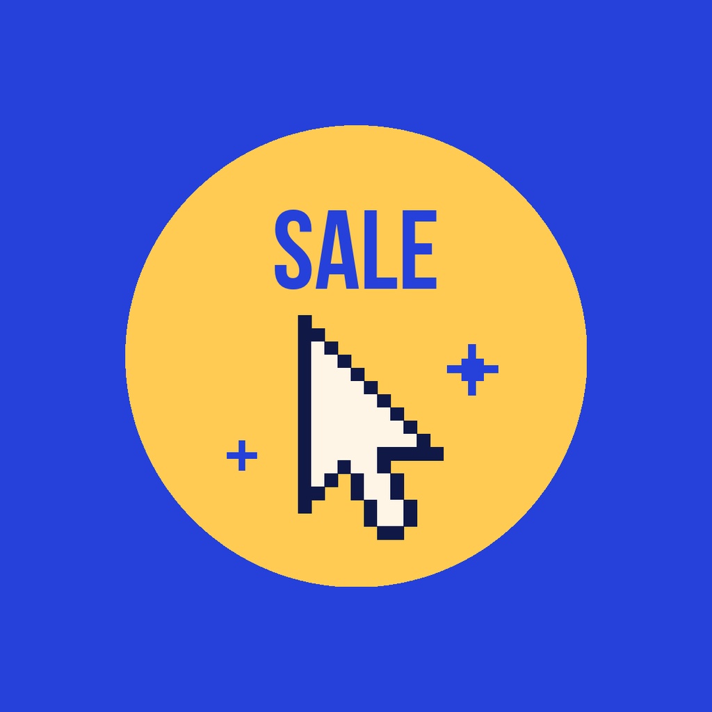 Blue square design with a yellow circle, the word SALE, and a pixel cursor icon.