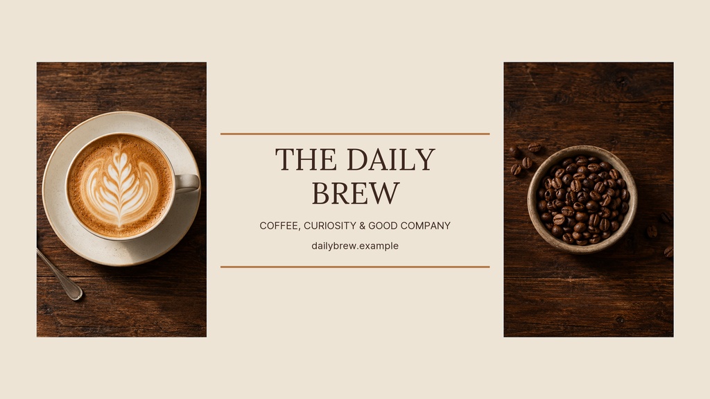 Coffee cups, beans, and a centered The Daily Brew banner on a warm brown background