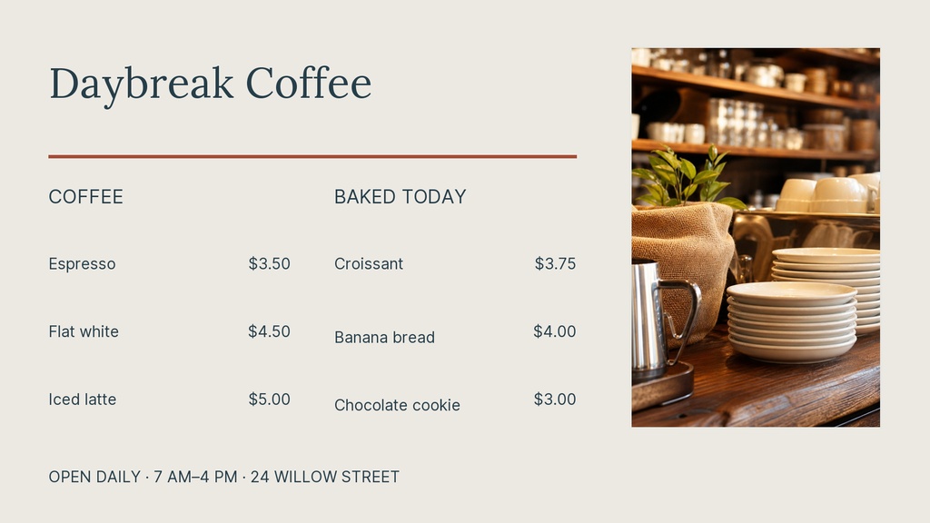Coffee shop menu board with espresso, flat white, iced latte, and baked items on a light background