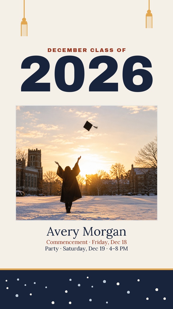 Instagram story template with December class of 2026, graduate photo, and event details.