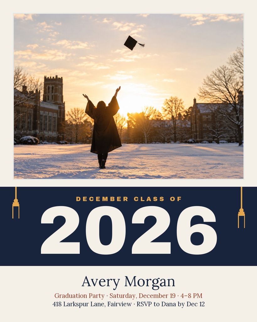 Portrait graduation post with a sunset photo, large 2026 text, and Avery Morgan event details.