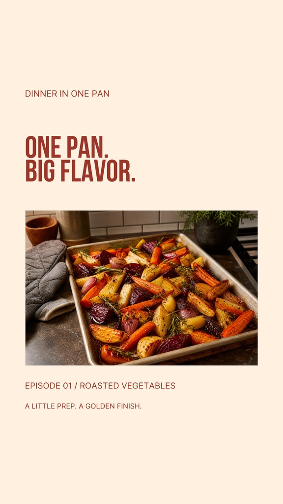 Portrait recipe cover with roasted vegetables in a baking pan and bold dinner title text.