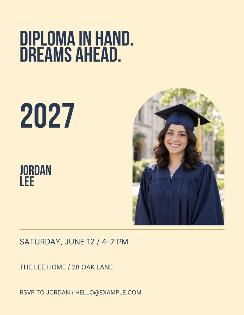 Cream graduation flyer with a graduate portrait, large 2027 text, and event details.
