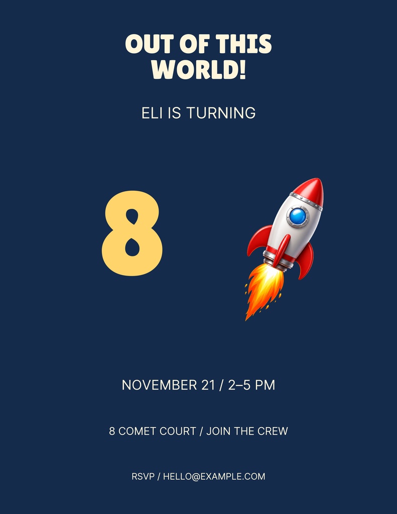 Navy birthday flyer with a large yellow 8, rocket ship, and space birthday party details.