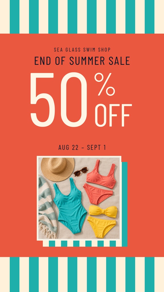 Vertical sale poster with teal stripes, orange center, swimwear photo, and 50% off text.