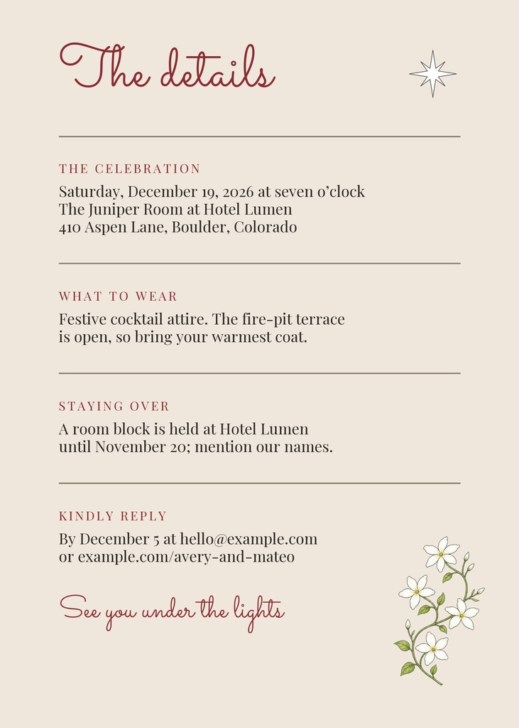 Portrait engagement details card with holiday wording, floral accents, and a small star icon.