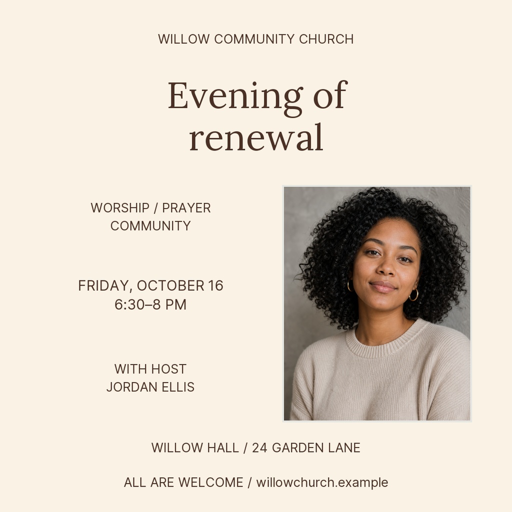 Square church event poster with beige background, serif title, and a portrait photo on the right.