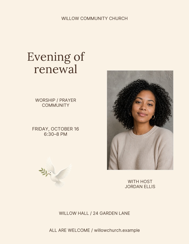 Portrait church flyer with beige background, event details, and a woman’s photo.