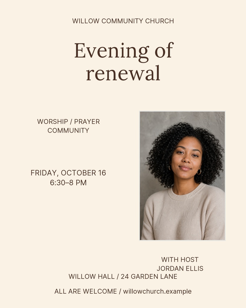 Portrait church event poster with beige background, title Evening of renewal, and a portrait photo on the right.
