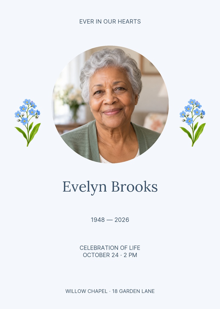 Portrait memorial card with blue flowers and the words Ever in Our Hearts