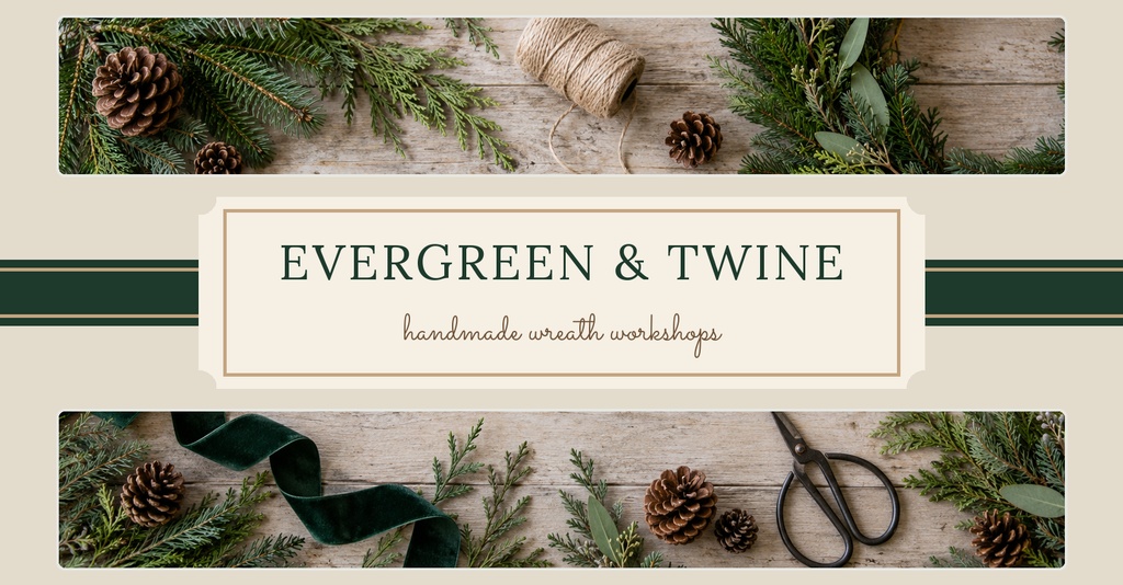 Rustic holiday banner with evergreen branches, pinecones, twine, and scissors around a centered title panel