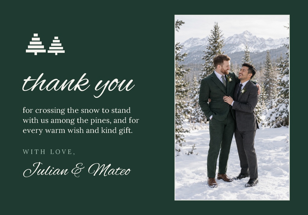 Dark green thank you card with winter wedding photo of two grooms in snowy pines