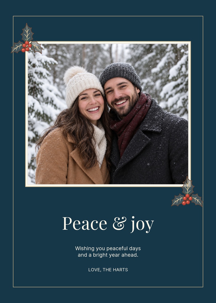 Portrait holiday card with a couple photo, evergreen corner accents, and the message Peace & joy.