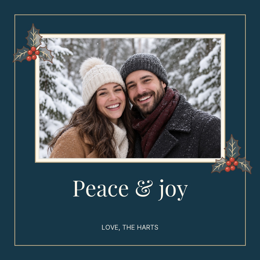 Square holiday card with a smiling couple photo, evergreen corners, and the words Peace and joy.