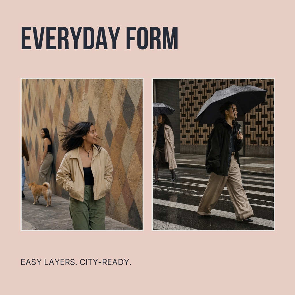 Square fashion template with the headline Everyday Form and two street style photos.