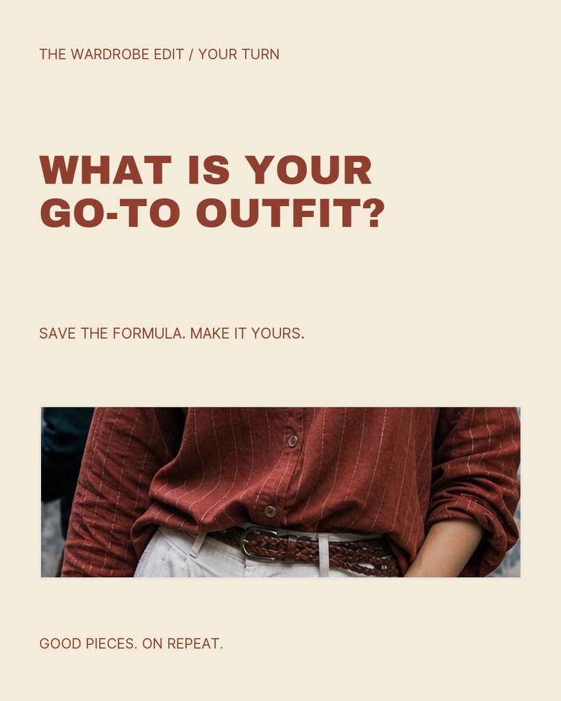Portrait fashion carousel template with bold text and a cropped outfit photo.