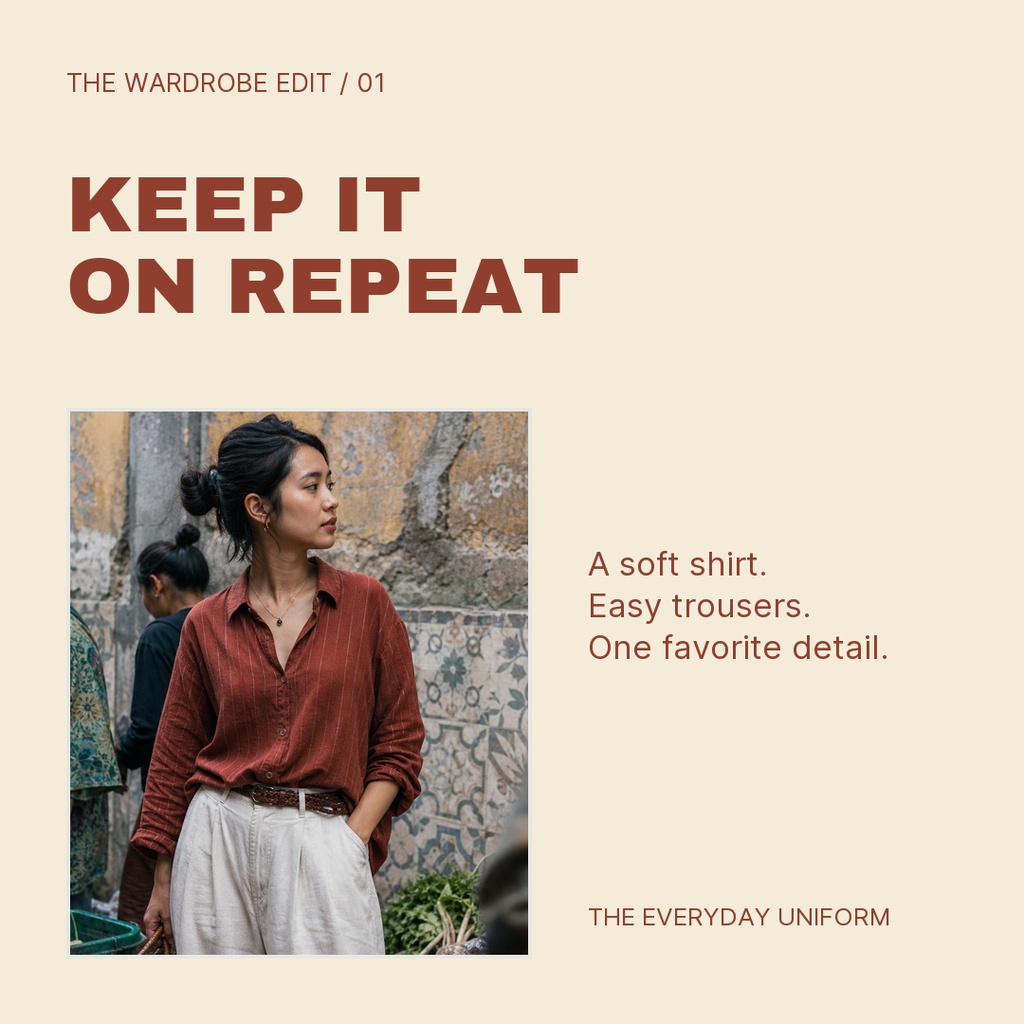 Square fashion template with a photo of a woman in a rust shirt and cream trousers beside style text.