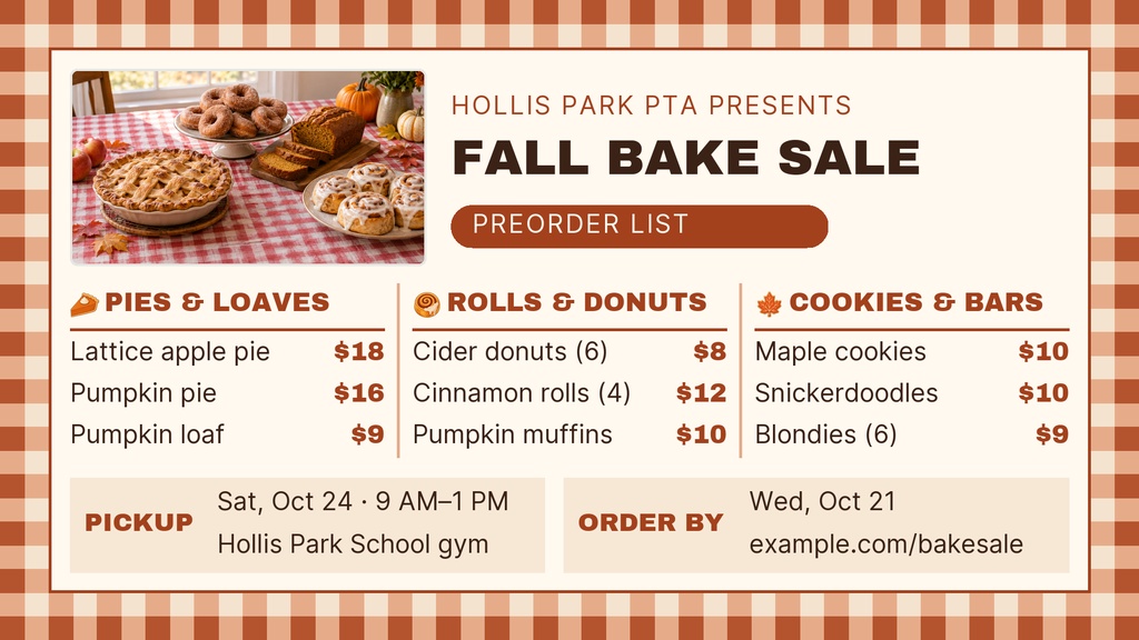Landscape menu board with fall bake sale preorder list, prices, and dessert categories on a cream background.