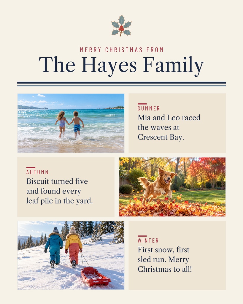 Christmas family letter template with four seasonal photo blocks and holiday text.
