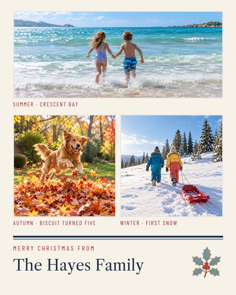 Family Christmas letter collage with seasonal photos, text, and a holly accent