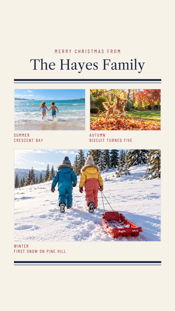 Family Christmas letter collage with three seasonal photos and centered holiday greeting text