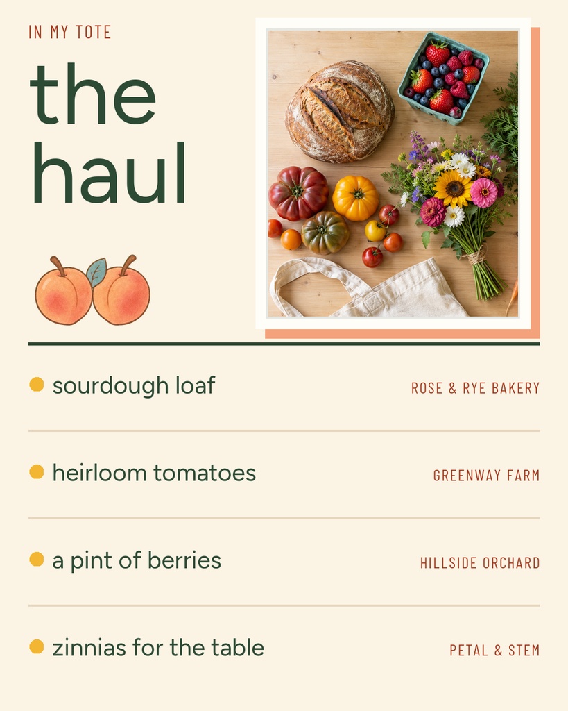 Portrait carousel slide with a farmers market haul list, bread, berries, flowers, and tomatoes.