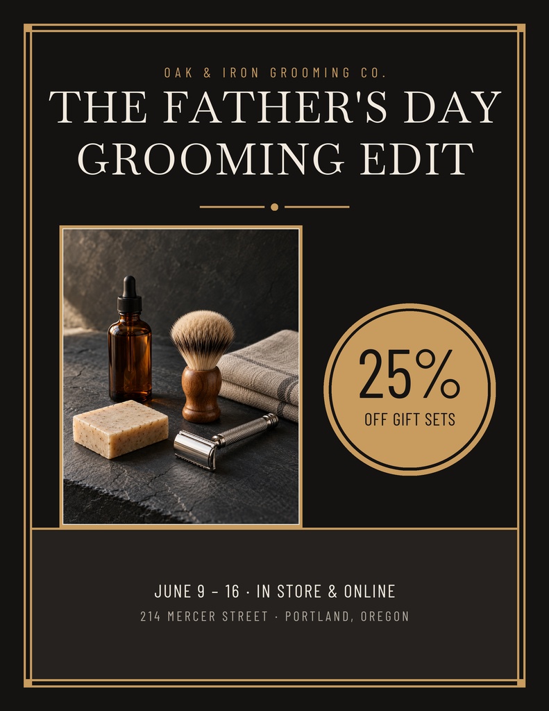 Portrait flyer with Father’s Day grooming edit text, product photo, and 25% off gift sets badge