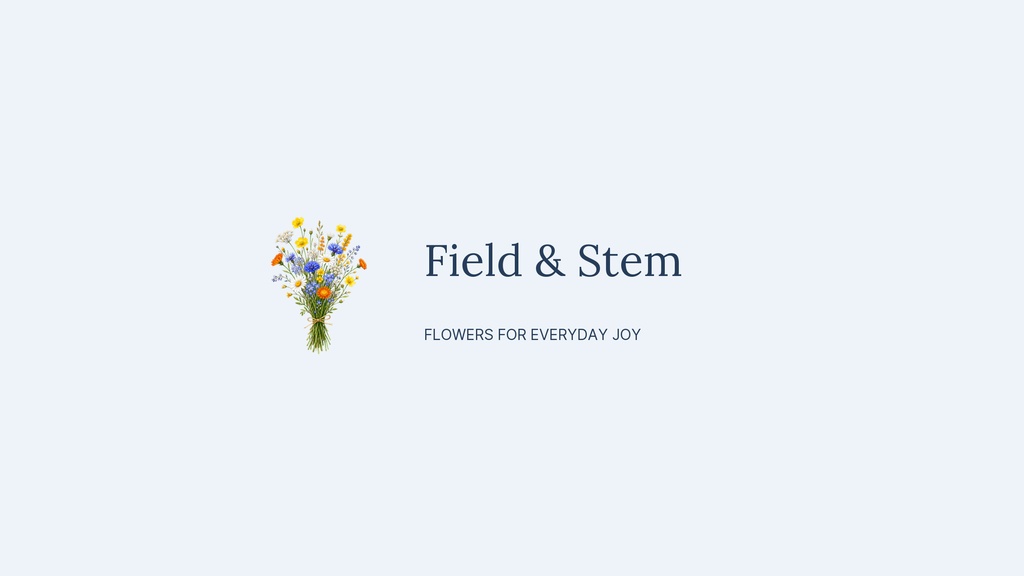Minimal YouTube banner with wildflowers, the text Field & Stem, and a light blue background