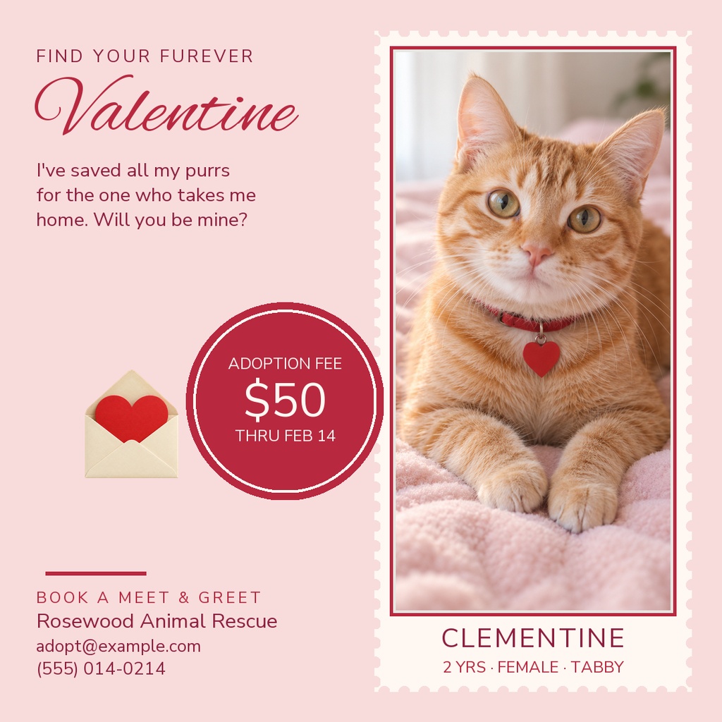 Square Valentine’s Day adoption template with a cat photo, heart envelope, and adoption fee badge.