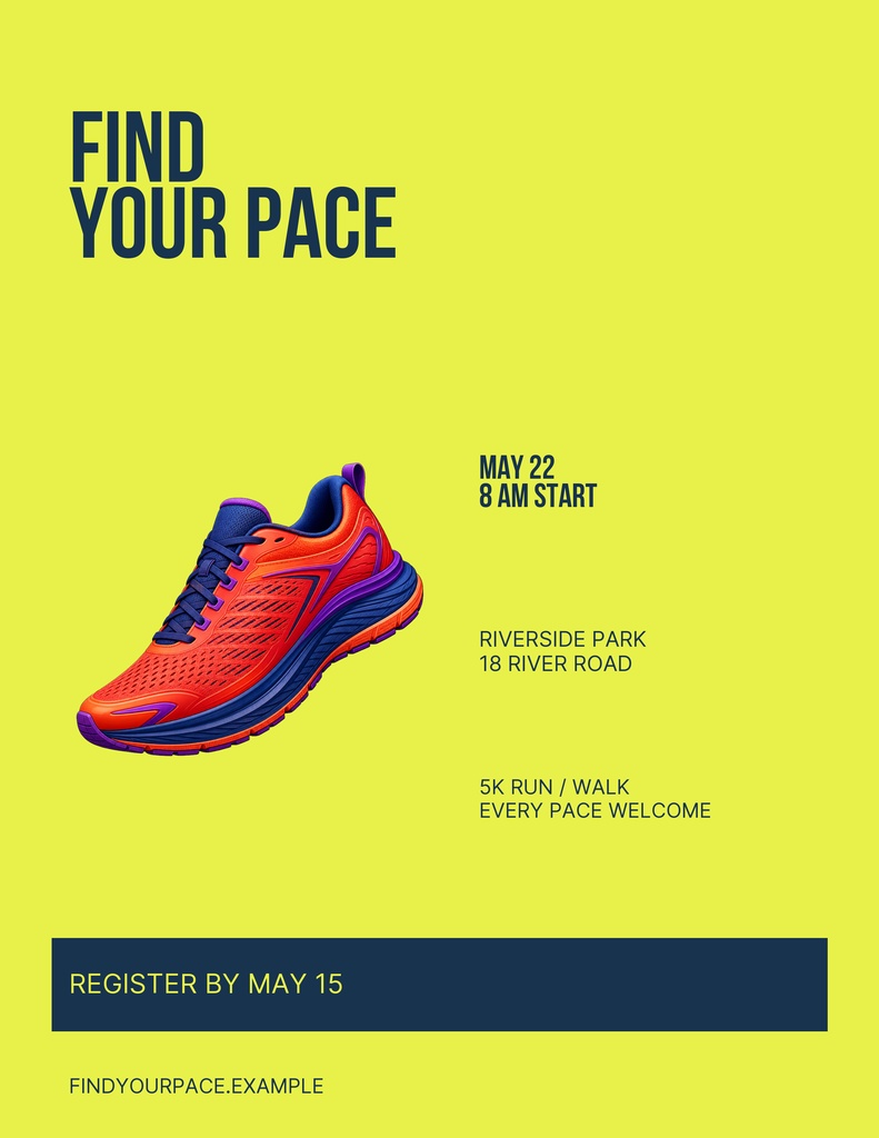 Bright yellow flyer with a running shoe, event details, and a register by May 15 bar.