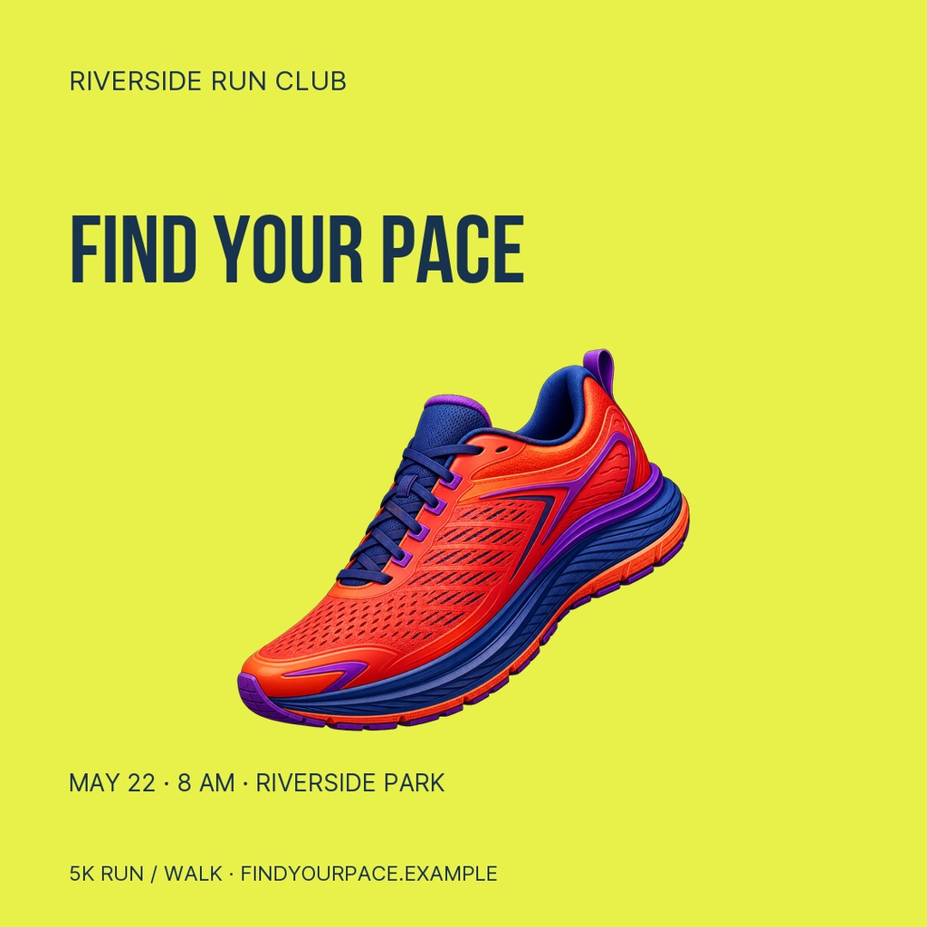 Bright square run poster with the words Find Your Pace and a colorful running shoe.