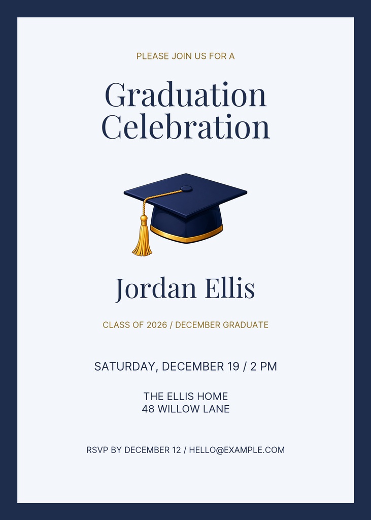 Portrait graduation invitation with navy mortarboard and gold tassel on a light background