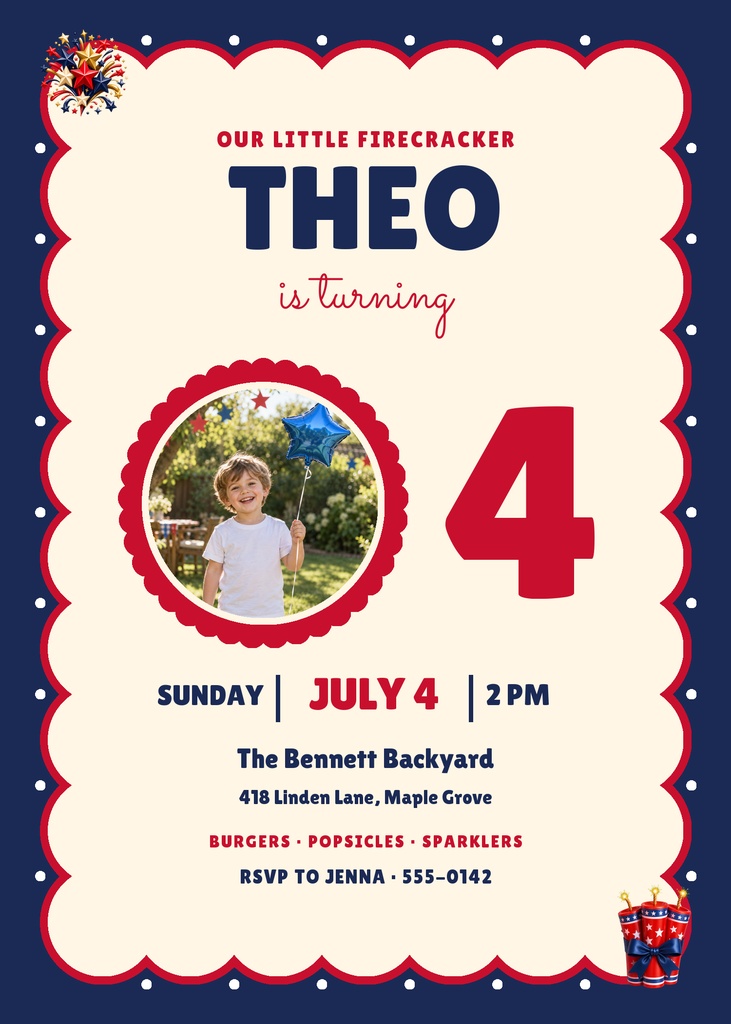 Portrait birthday invitation with cream background, red scalloped border, navy text, large red number four, and a child photo circle.
