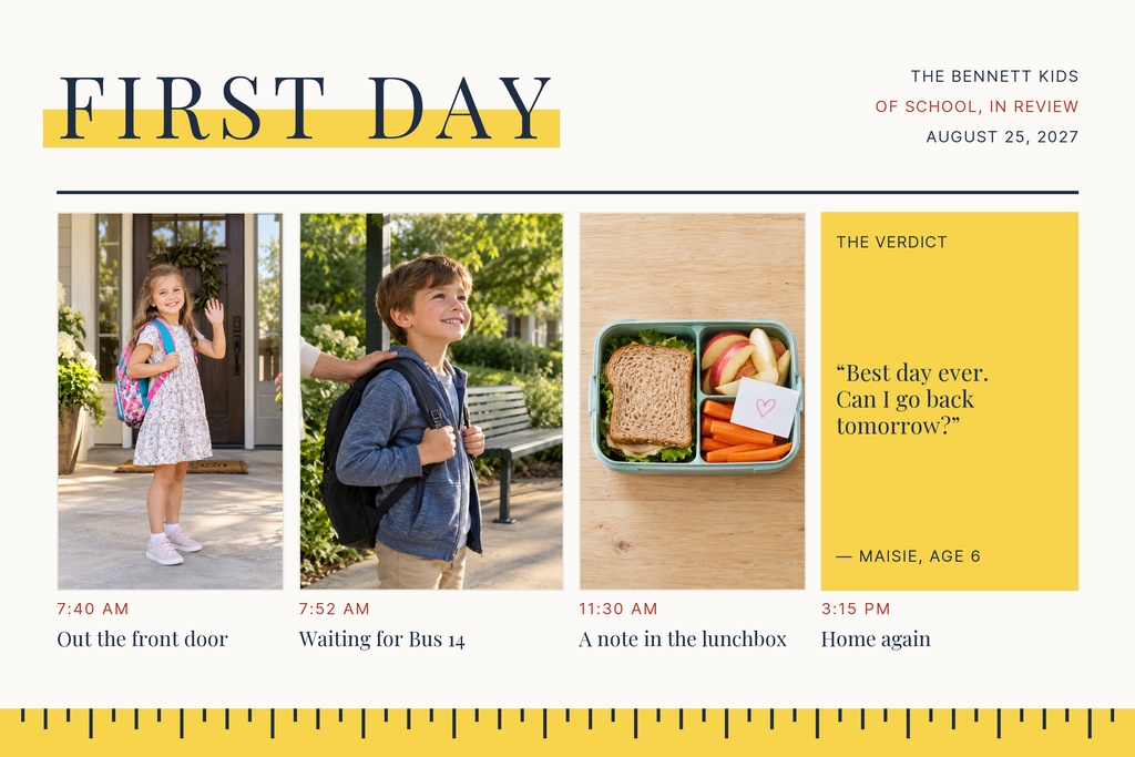 Landscape collage showing first day school photos, lunchbox note, and a yellow quote panel