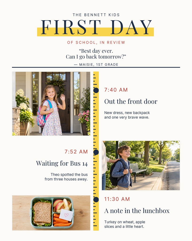 School-themed memory page with first day photos, times, and text blocks.