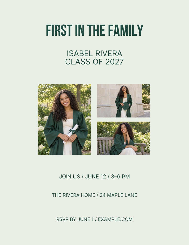 Minimal graduation flyer with three portrait photos and bold first in the family text.