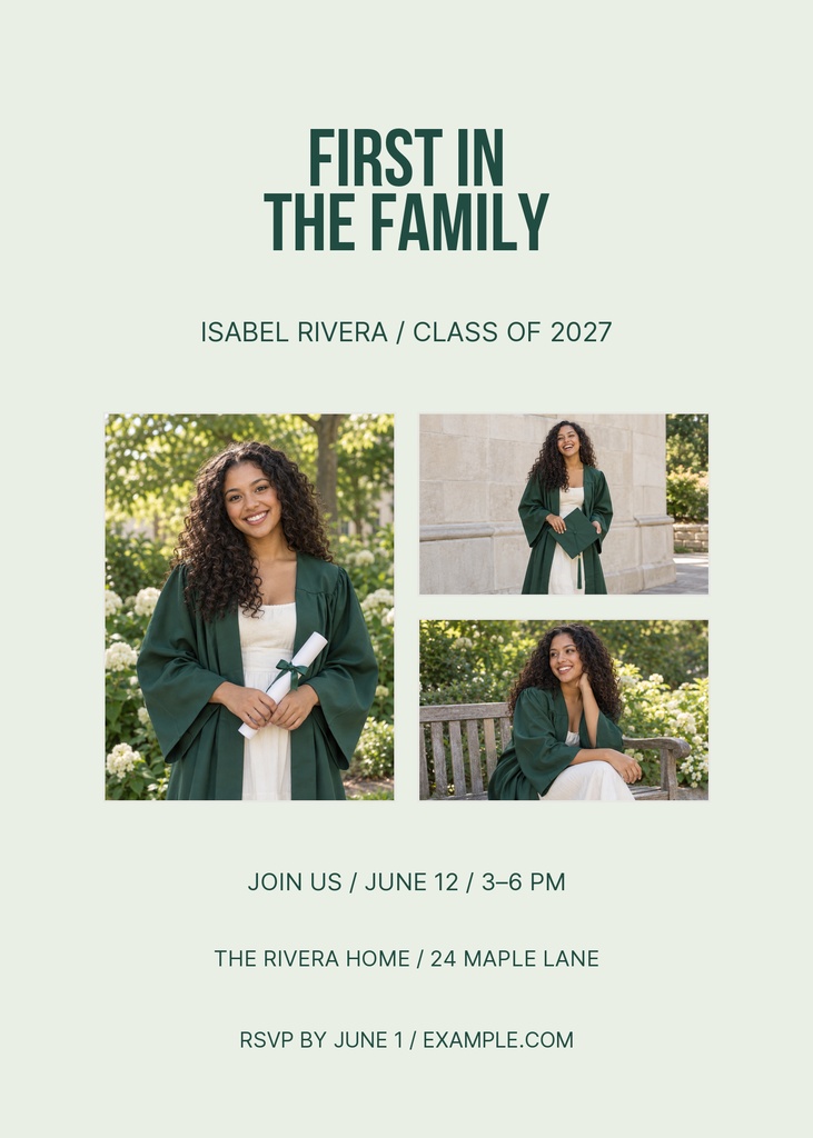 Graduation invitation with a three-photo collage and text reading First in the Family.