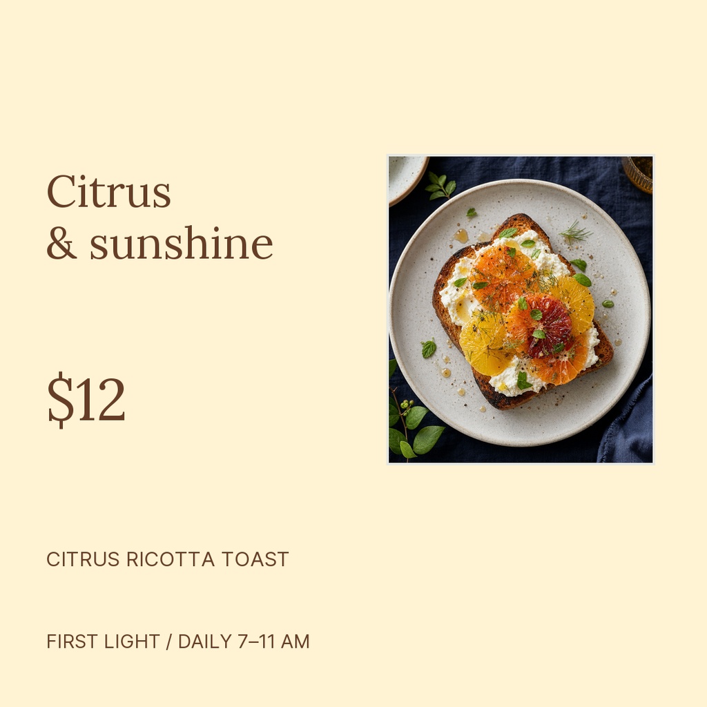 Square breakfast promo with citrus ricotta toast, price, and first light hours.