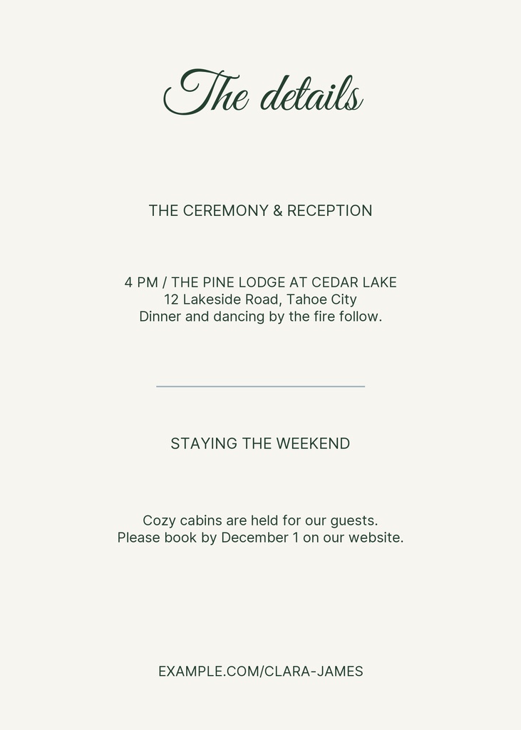 Cream wedding details card with script heading and centered ceremony and reception text blocks.