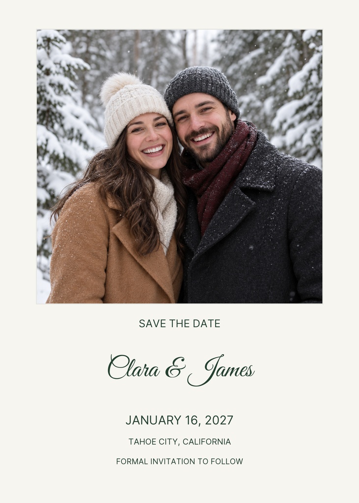 Portrait save the date card with a smiling couple in winter clothes and snowy trees behind them