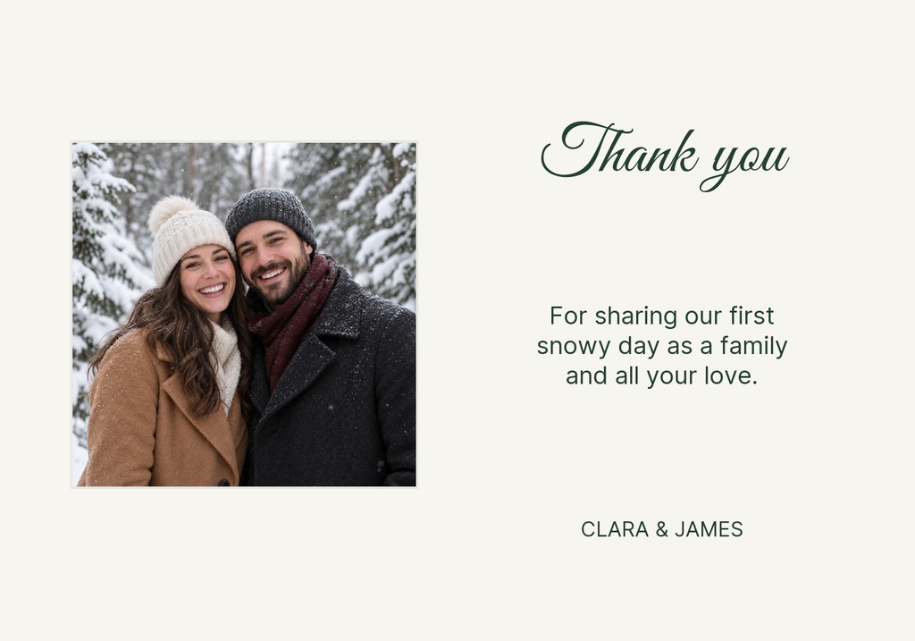 Landscape thank-you card with a couple photo, script thank you text, and a winter message.