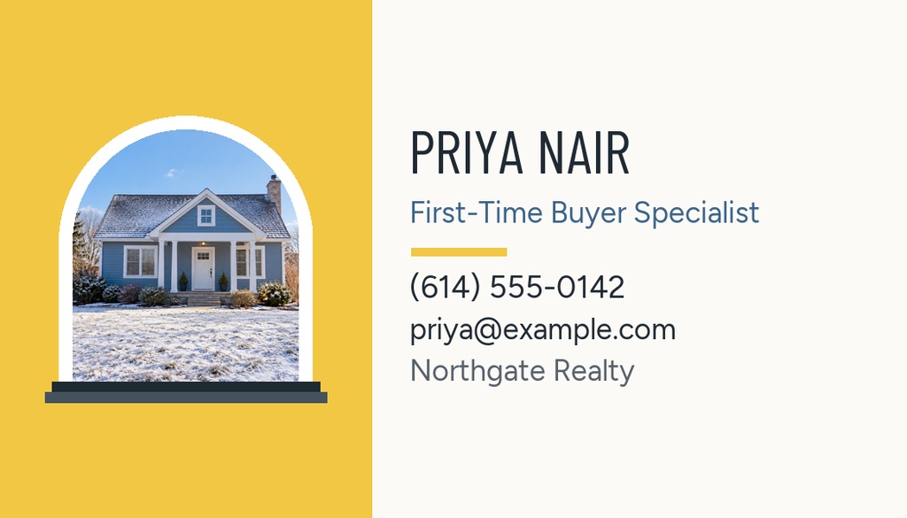 Landscape real estate contact card with house photo, agent name, phone number, and brokerage details.