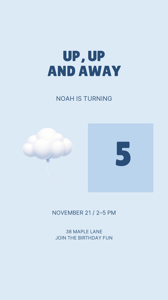 Portrait birthday invitation with a large number 5, clouds, and the phrase Up, Up and Away.