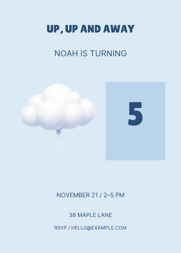 Light blue birthday invitation with a white cloud and a large number five