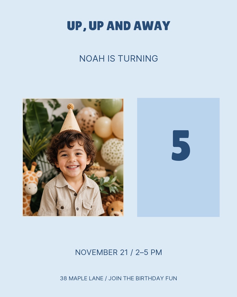 Light blue birthday invitation with a child photo, large number five, and party details.
