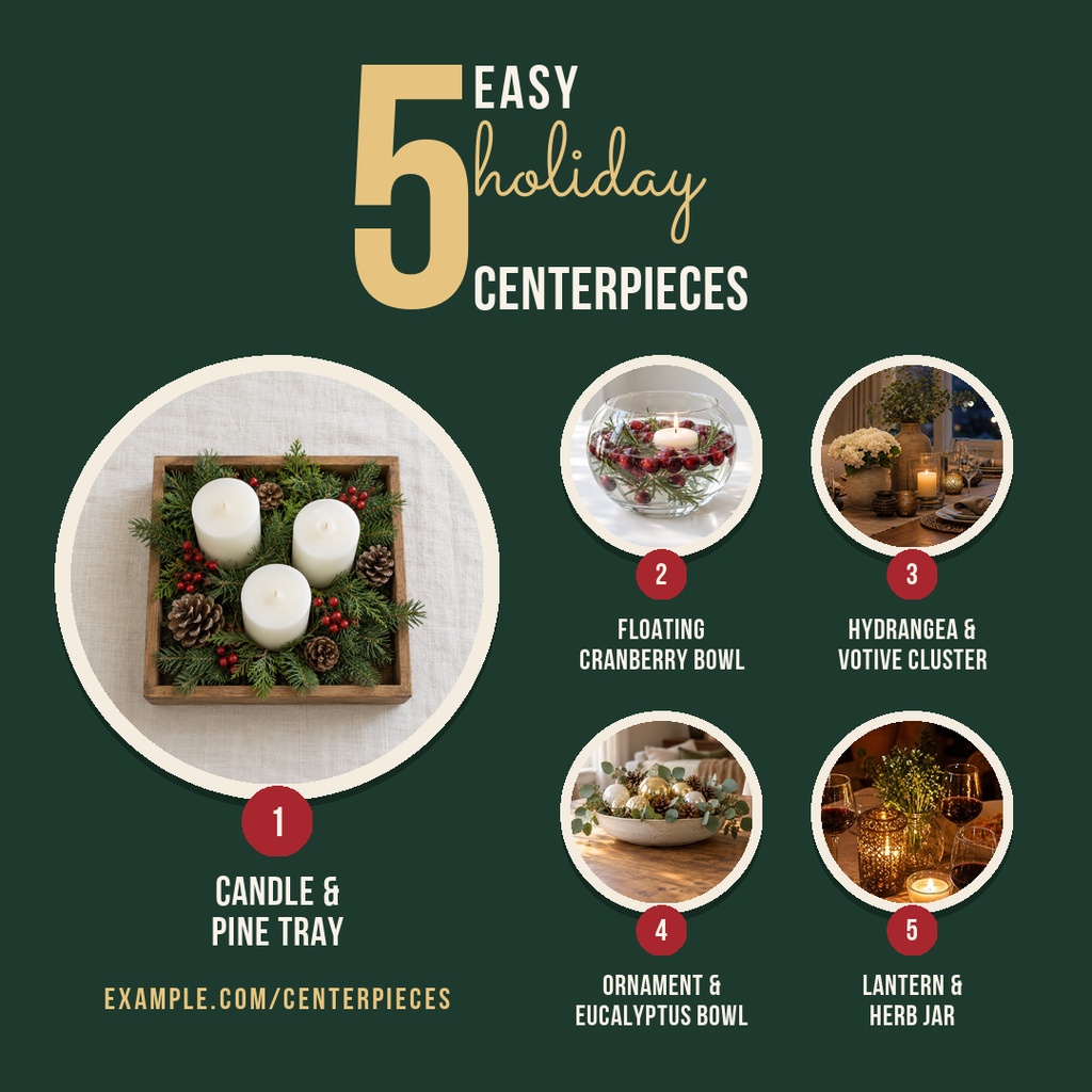 Dark green square graphic showing five holiday centerpiece ideas with labeled photos and numbered circles.