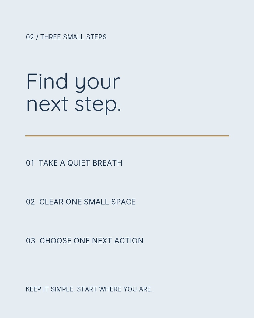 Minimalist portrait quote card with the text find your next step and three small steps below.