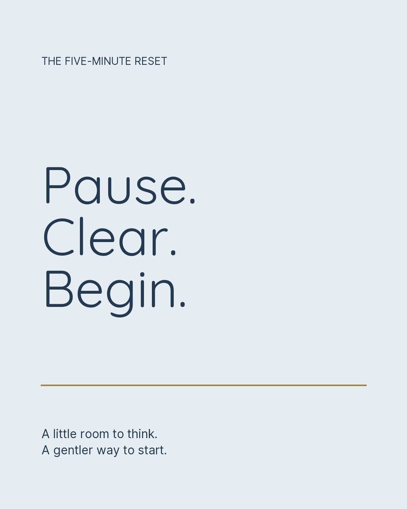 Minimal portrait post with the words Pause. Clear. Begin. and a small subtitle on a light background.