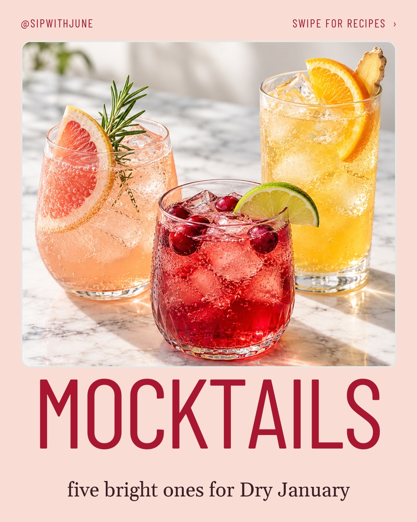 Portrait social post showing three colorful mocktails with the word Mocktails and a Dry January subtitle.