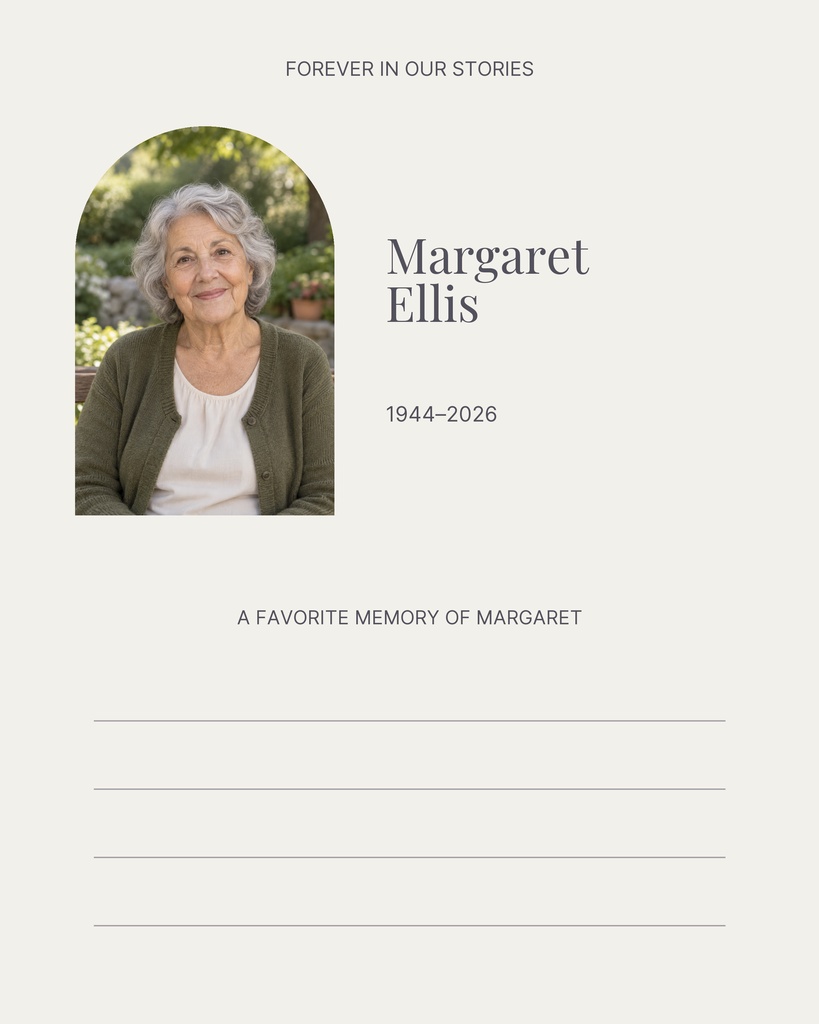 Minimal memorial scrapbook page with portrait photo, name, dates, and lined memory space